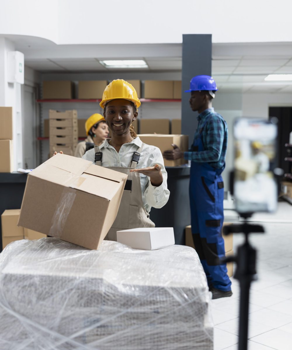 Small business staff creates social media ad while filming in logistics center. Smartphone vlog highlights warehouse shipping processes and supply chain improvement for website promotion.